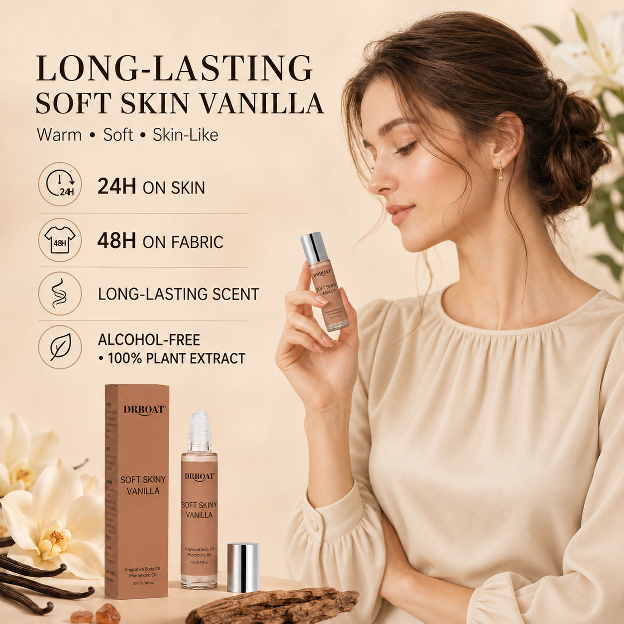 Perfume Fragrance Oil - 女性用ロールオンフレグランスオイル、しっとりとした肌触りのバニラオーラントの香り、アルコールフリーで持ち運びやすく、持続性の高いフェロモンロールオン香水、ギフトに最適。