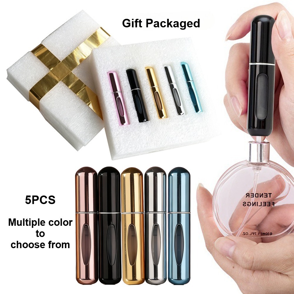 Perfume Fine Fragrance - 5 個のギフトパッケージ化された 5 ミリリットル詰め替え可能な香水アトマイザーボトムフィルポータブル空のファインミストスプレーボトル旅行用フレグランス容器